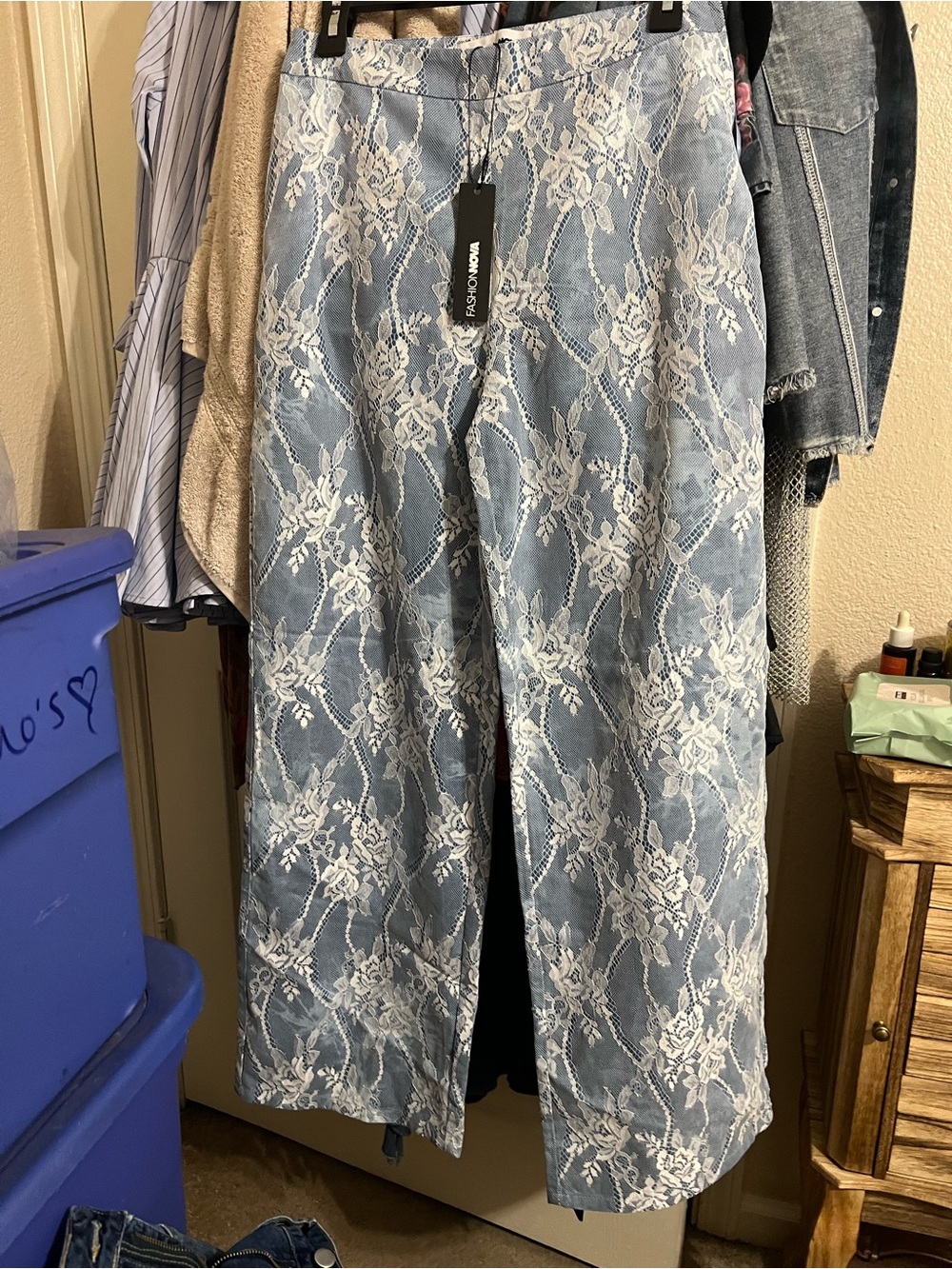 Fashion Nova Light Blue Lace-Overlay Straight-Leg Jeans